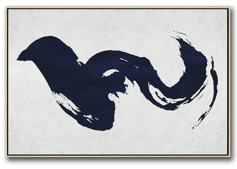 Big Canvas Painting,Horizontal Abstract Painting Navy Blue Minimalist Painting On Canvas,Modern Wall Decor